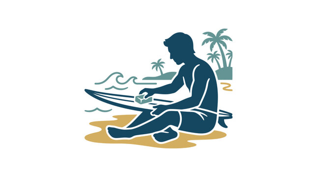 A silhouette of a surfer waxing his surfboard on the sandy beach.