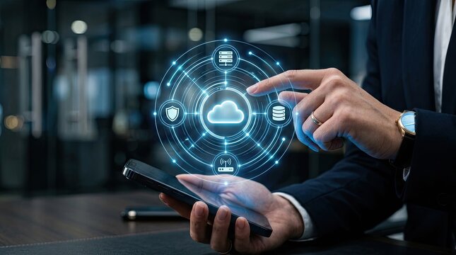 Businessman interacting with cloud computing network on smartphone