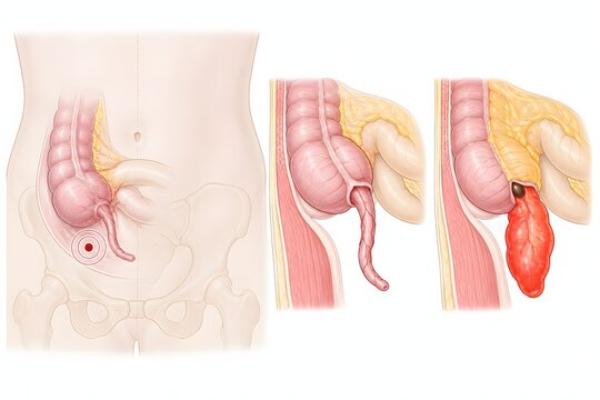 Appendicitis inflamed appendix anatomy diagram, abdominal surgery medical illustration, diagram showing healthy appendix vs acute appendicitis with fecalith obstruction and inflammation