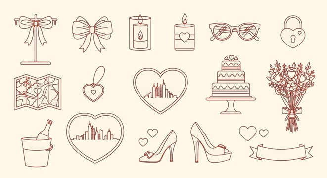 City wedding line art set featuring urban skyline hearts, wedding cake, floral bouquet, high heel shoes, champagne bucket, candles, bows, and travel map icons on cream background.
