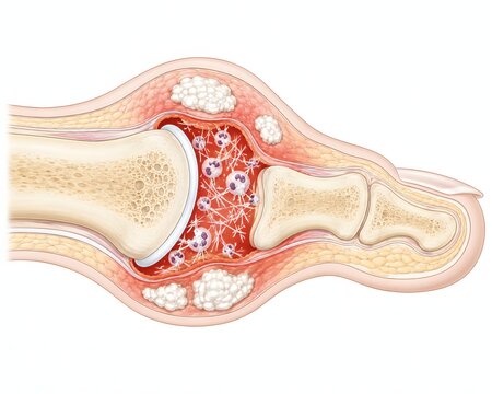 Gout uric acid crystal joint deposit diagram, big toe anatomy, rheumatology illustration, showing urate crystals in metatarsophalangeal joint, synovial inflammation and tophi deposits