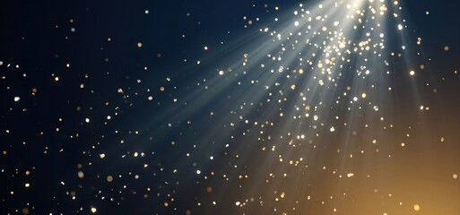 Fototapeta premium Golden sparkles and light rays descending from above against a dark blue and gold gradient background creating a magical effect