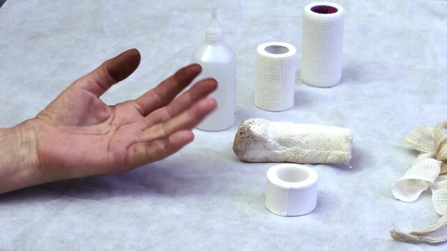 A woman's hand with darkened fingertips, examination and movement test after removing the cast using first aid supplies from the first aid kit, including bandages and antiseptic solution,