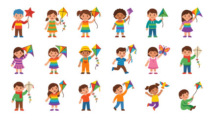 Fototapeta premium Industrial of Diverse Children Holding Colorful Kites and Butterfly Decorations with high quality professional line art symbols for modern creative design and digital branding projects