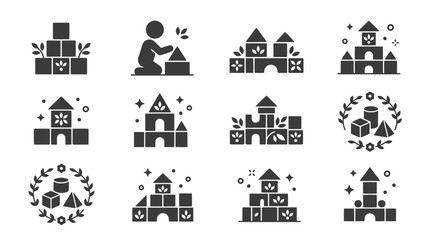 Fototapeta premium Industrial Style Black and White Play Blocks and Castle Building Set Illustrations with Child and Decorative Elements