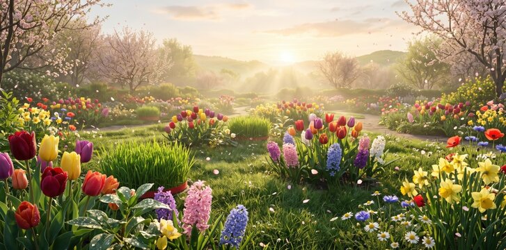 Idyllic spring meadow filled with colorful tulips and hyacinths under a gentle sunrise, showcasing a peaceful garden path and blooming trees in a soft, hazy morning light with vibrant floral