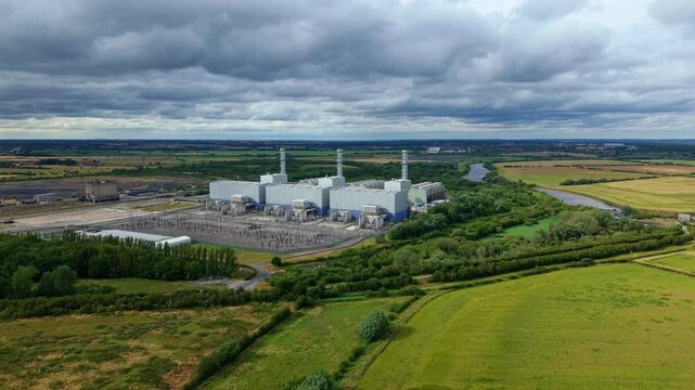 Aerial view of West Burton B CCGT power station energy generation powerhouse, Nottinghamshire, UK.