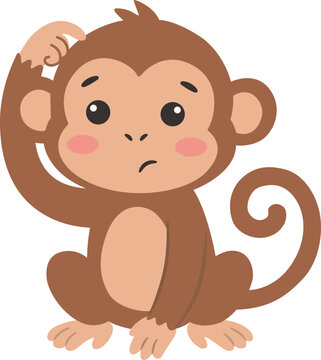 Cute Confused Monkey Scratching Head Minimalist Cartoon, Adorable Curious Brown Primate Character Thinking with Curly Tail, Flat Style Design, Wild Animal Decoration Element