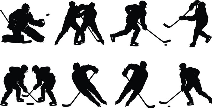 Ice hockey player silhouettes action set with goalie skating faceoff and player fighting graphics