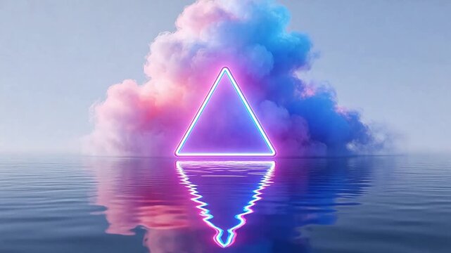 Neon triangle over water with colorful smoke