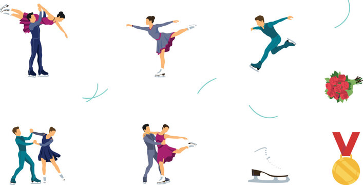 Figure Skating Athletes and Pairs Element Set with Professional Ice Skaters Performing Jumps, Dances, Lifts, and Championship Championship Award Icons Vector Illustration