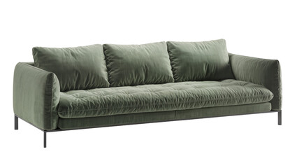 Fototapeta premium Plush green three-seater sofa with tufted seat and square cushions, isolated on transparent background
