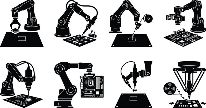 Industrial robotic arm silhouettes set manufacturing microchips soldering circuit boards assembly line automation icons