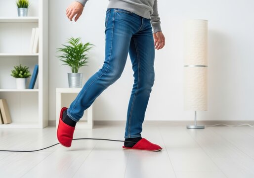 Man Tripping Over Electrical Cable on Floor at Home, Domestic Accident and Safety Hazard Concept