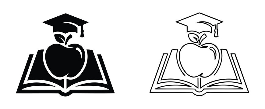 Conceptual illustration of education with solid and outline apple and book icons on black background.