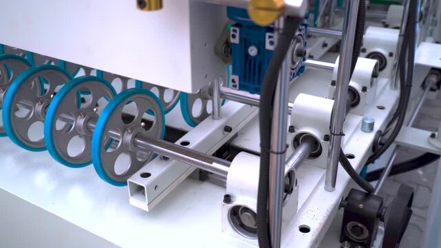 Automated conveyor system with rotating wheels on a production line in a factory