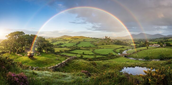 Panoramic view of a lush green Irish landscape with a double rainbow arching over rolling hills a stone castle and a pot of gold at its end
