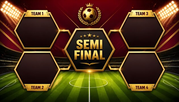 Semi final soccer tournament bracket template layout with golden trophy cup on stadium grass field pitch background football match championship game layout graphic design empty team frames banner