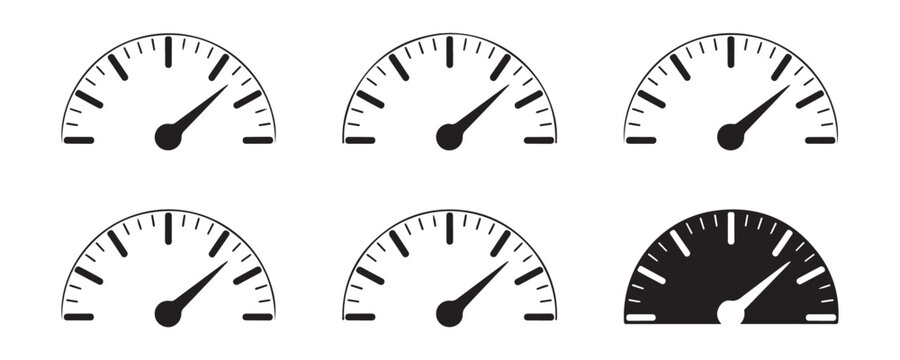 Collection of black speedometer icons for cars, vehicles, and performance measurement on a transparent background.
