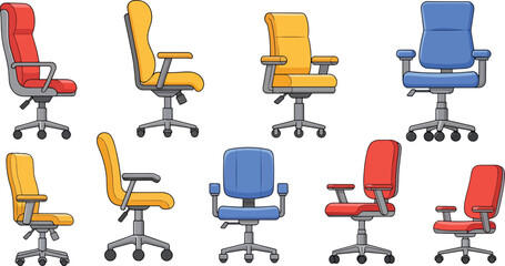 Fototapeta premium A collection of colorful office chairs are displayed against a white background.