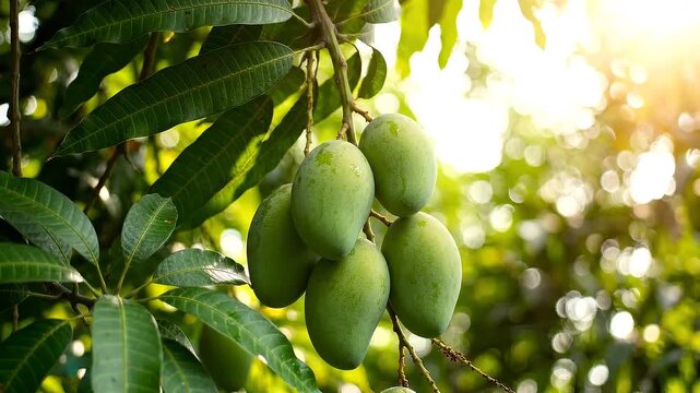 A Lush Mango Tree With Ripening Fruits Underneath a Glorious Sunlight, Capturing the Essence of Nature's Bounty in a Vibrant Green Environment