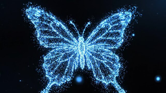 Mesmerizing Transition of a Sparkling Blue Galaxy into a Delicate Butterfly Form, Capturing the Beauty of Transformation through Light and Energy in a Stunning Visual Display