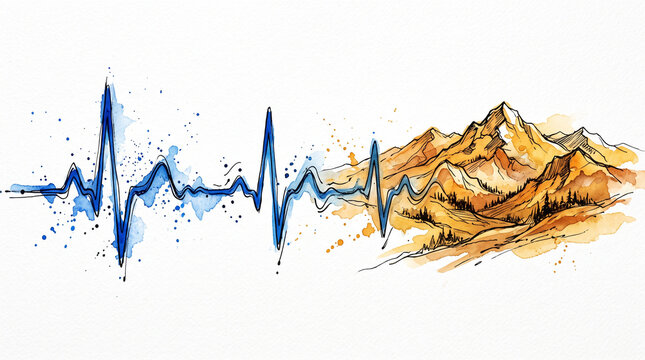 Blue amber watercolor ink ECG heartbeat transforming to mountains, representing vitality as landscape, life signs as natural beauty, health monitoring and living fully concept