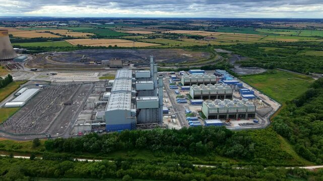 Aerial view of West Burton B CCGT power station energy generation powerhouse, Nottinghamshire, UK.
