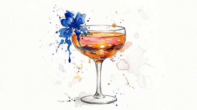 Amber cobalt watercolor ink cocktail glass with sunset inside, representing craft cocktail artistry, bartending as art, the perfect drink as captured moment concept