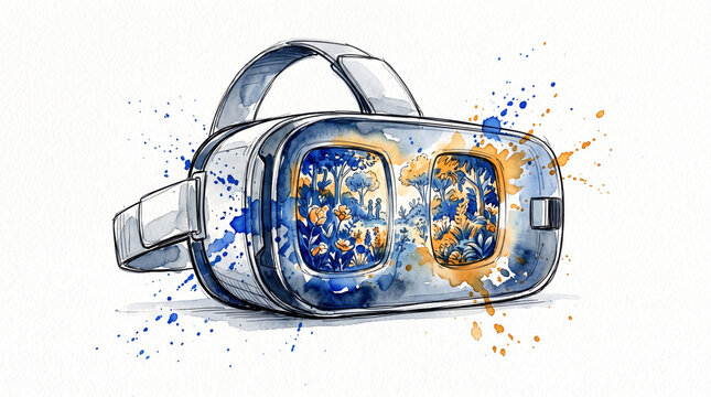 Blue amber watercolor ink VR headset with garden world inside, representing virtual reality beauty, immersive digital worlds, metaverse creativity and human wonder in tech concept