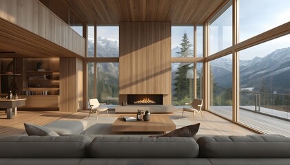 Fototapeta premium Luxury alpine living room with panoramic mountain views and modern fireplace