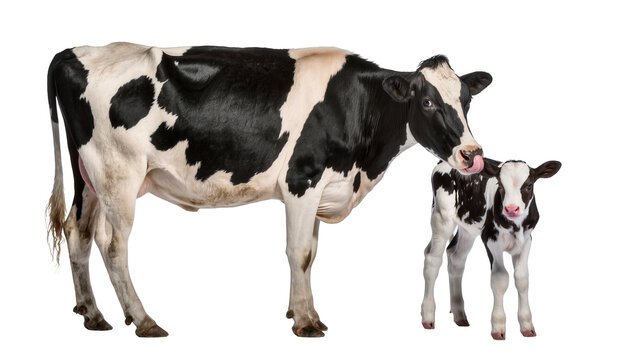Black and white Holstein cow licking her calf, isolated on transparent background