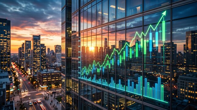 Cityscape with stock market graph on building window at sunset skyscraper finance economy growth success business modern urban architecture data visualization exchange trend financial district