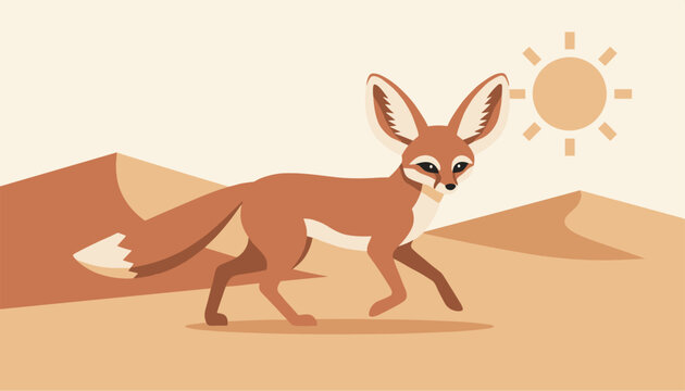 Fennec fox with large ears walks across the warm sand dunes of a vast desert under a bright sun in a cartoon illustration.