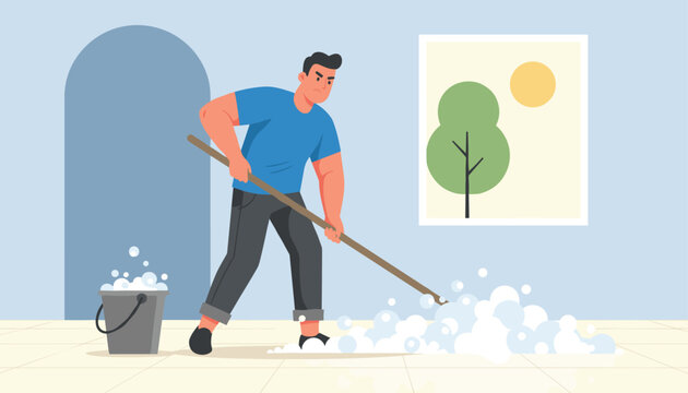 Frustrated man with an angry face aggressively mops the floor covered in thick soapy bubbles at home.