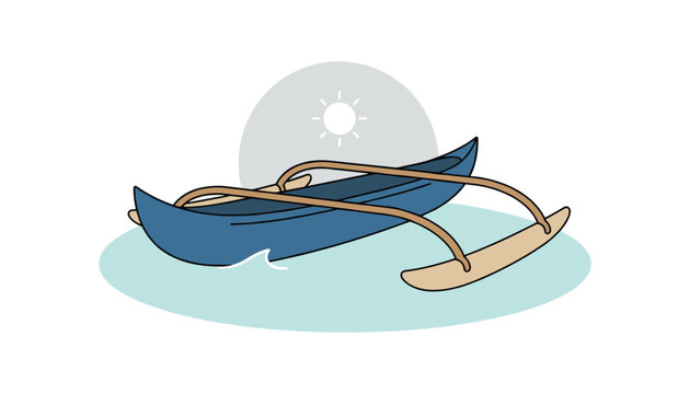 Traditional blue outrigger canoe floating on water with a grey sun backdrop under a clear white sky in flat design.
