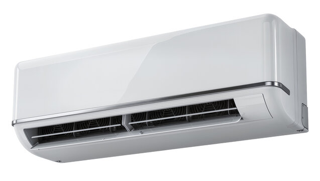 Modern white split air conditioner unit with metallic trim, isolated on transparent background