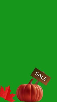 Vertical autumn background with 3D orange pumpkin, swinging wooden sale sign, and red maple leaf on green screen chroma key for fall seasonal retail promotions.