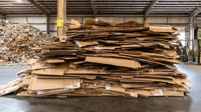 Large pile of flattened cardboard boxes in a warehouse