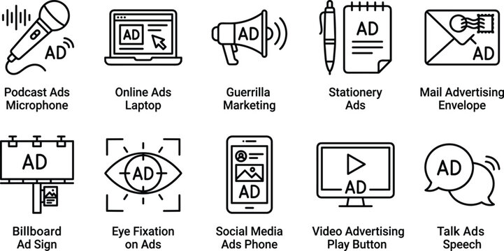Marketing and advertising icons set featuring podcast mic online laptop billboard speech and social media ad.