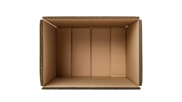 Empty open cardboard box with corrugated texture, isolated on transparent background