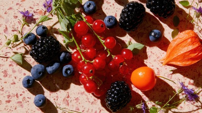 Vibrant berries & physalis on textured pink surface, botanical elements
