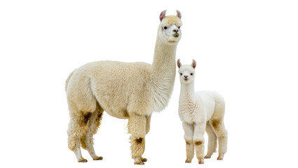 Fototapeta premium Fluffy cream-colored adult and baby alpaca standing together, isolated on transparent background