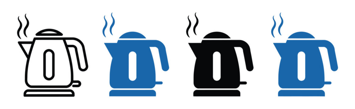 Electric kettle icon set, line art, solid black, blue water boiler symbols, kitchen appliance icons, tea and coffee preparation, vector illustration.