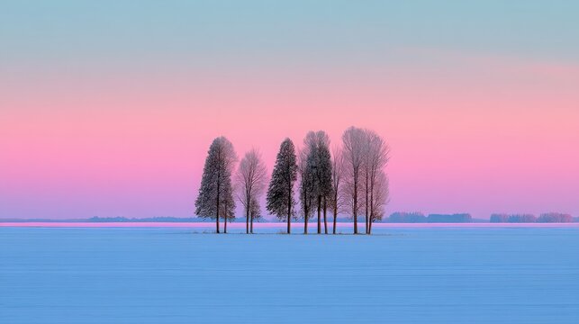 Winter Snow Field with Frozen Trees Under Pink and Blue Sky