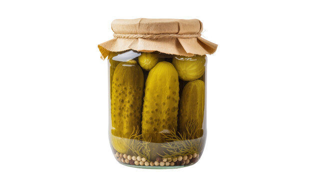 Glass jar of dill pickles with spices, isolated on transparent background