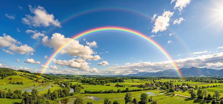Vibrant double rainbow arches over a lush green valley with rolling hills and a distant mountain range