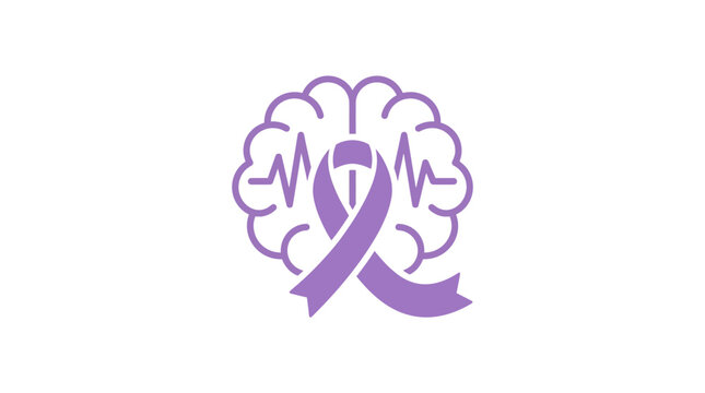 Purple ribbon on brain with heartbeat line, epilepsy awareness symbol