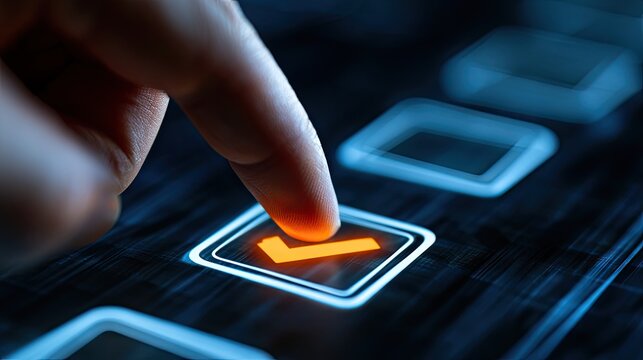 Finger presses glowing checkmark button on digital interface, confirming a selection