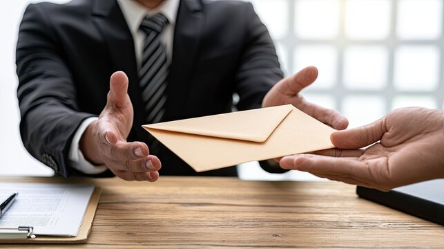 Businessperson in suit hands envelope across a desk to another person